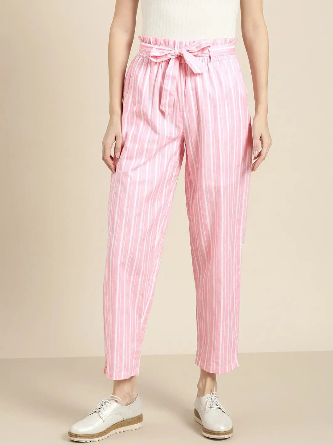Pink Striped Designer Ethnic Pants for Women - Paper Bag Style