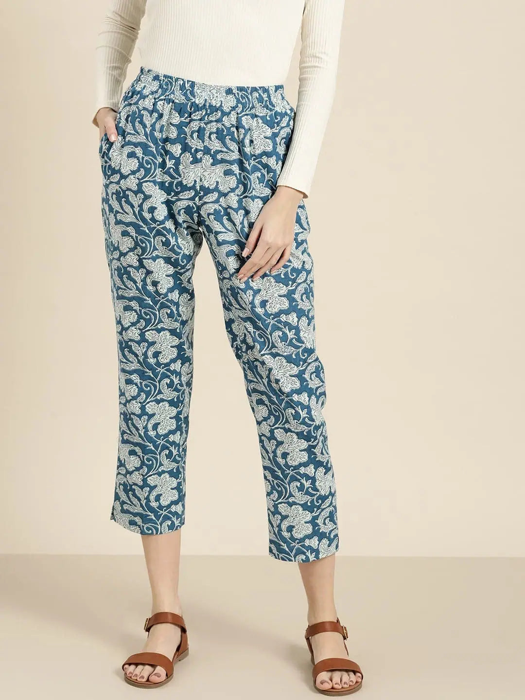 Blue Floral Designer Ethnic Pants for Women - Cotton Flex