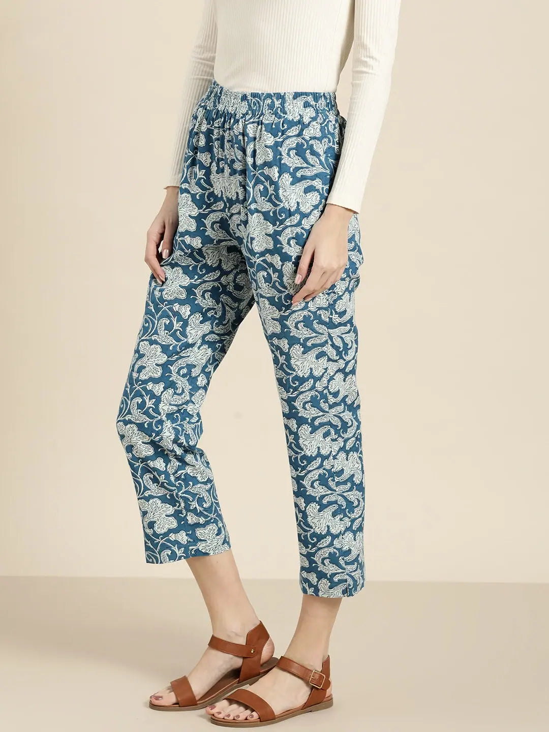 Blue Floral Designer Ethnic Pants for Women - Cotton Flex