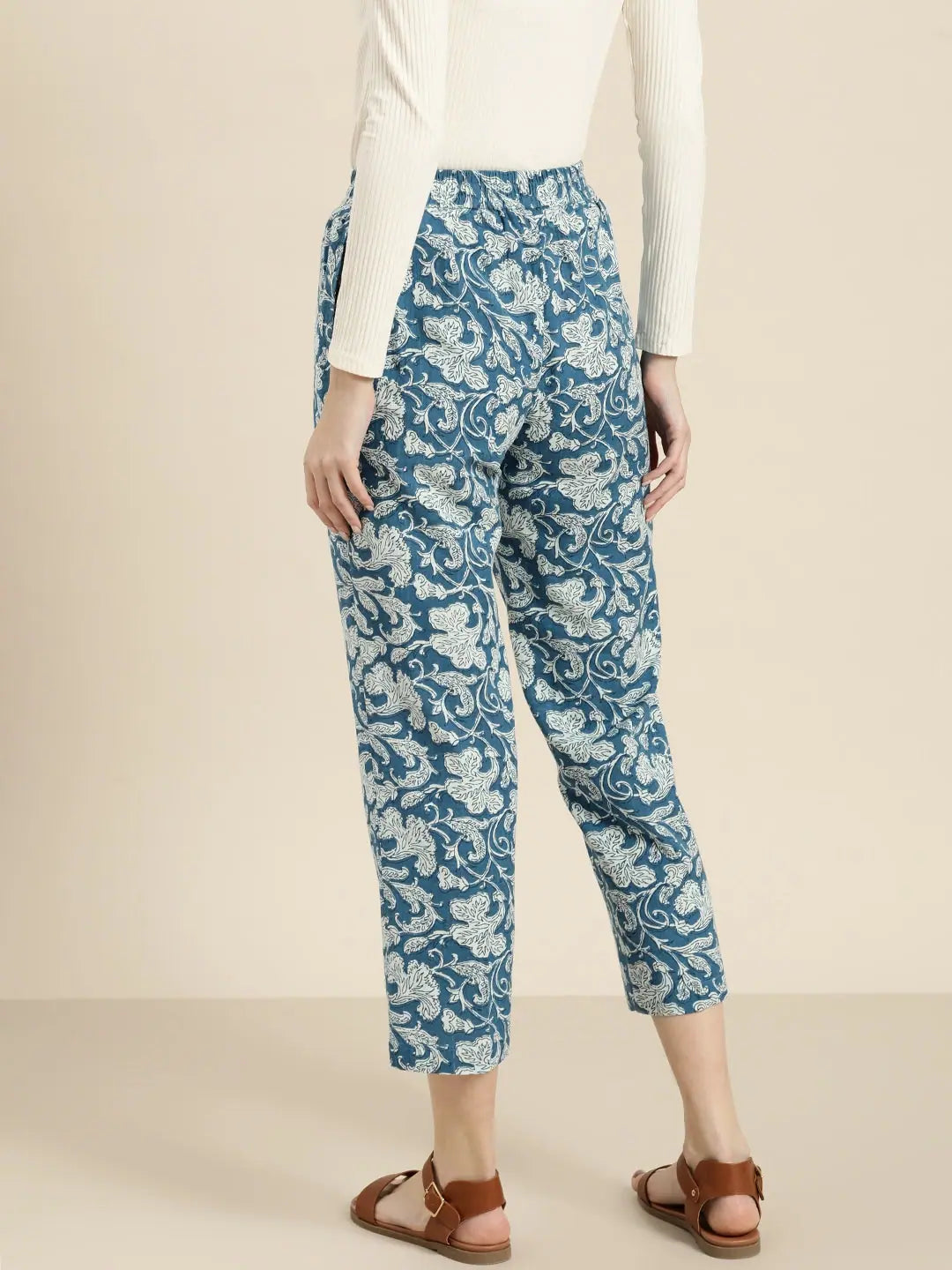 Blue Floral Designer Ethnic Pants for Women - Cotton Flex