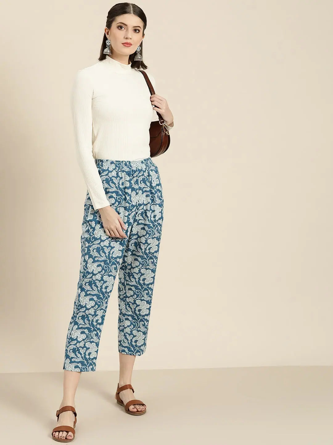 Blue Floral Designer Ethnic Pants for Women - Cotton Flex