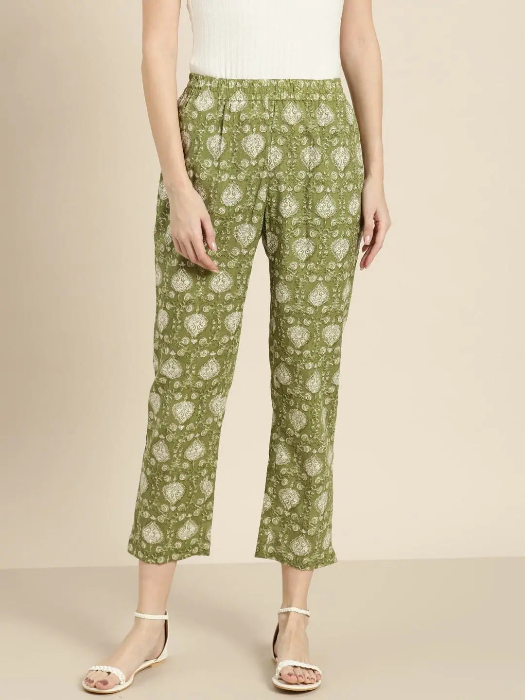 Green Floral Ethnic Pants for Women - Designer Cotton Flex