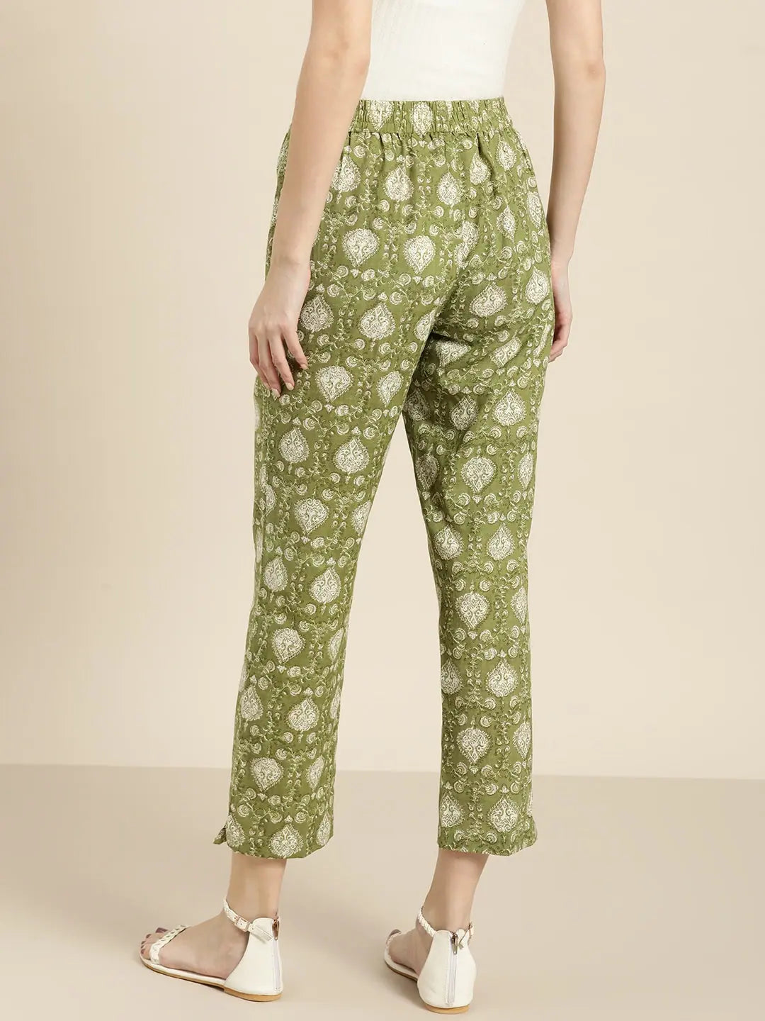 Green Floral Ethnic Pants for Women - Designer Cotton Flex