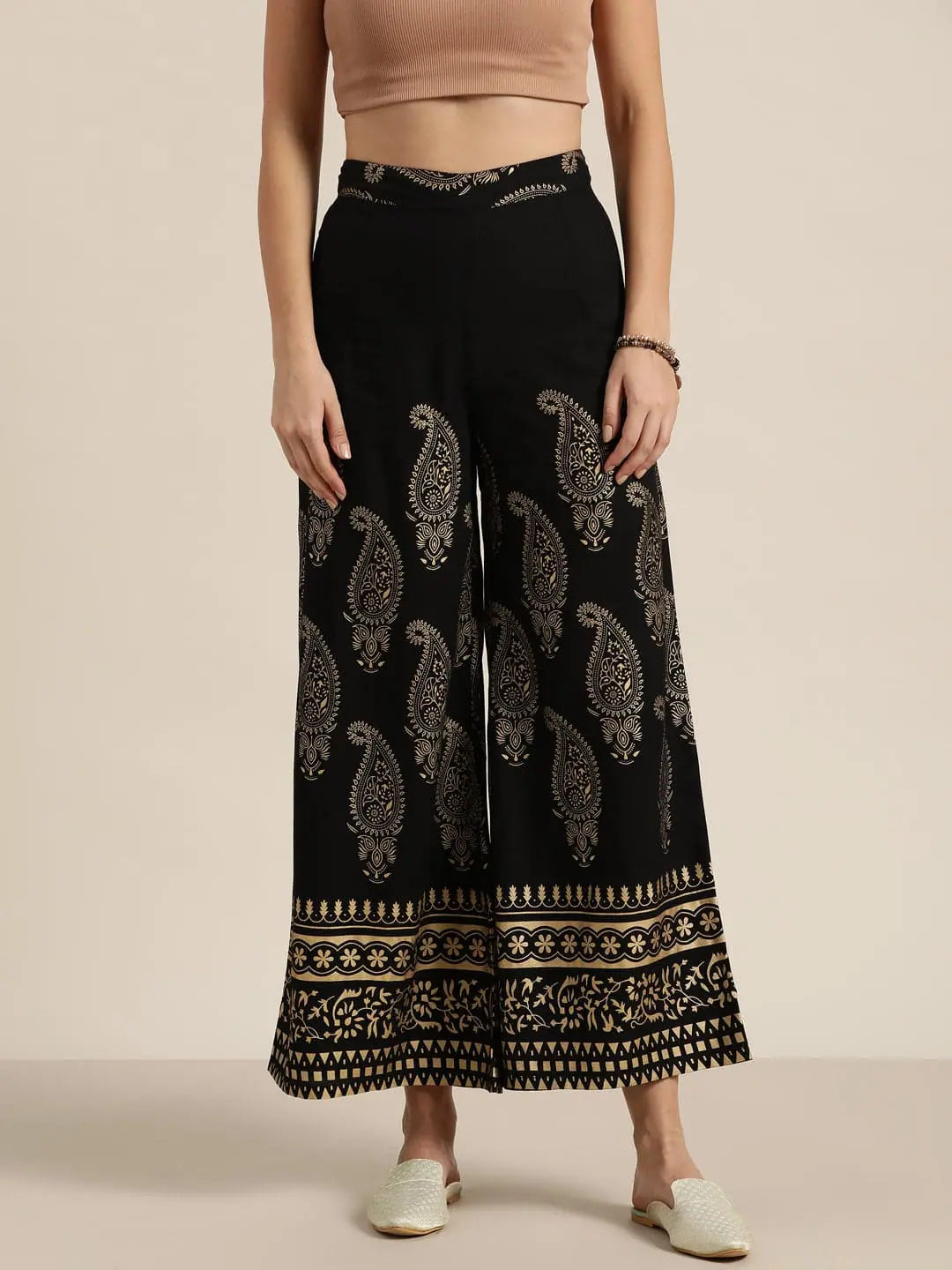 Black Paisley Flared Palazzo Pants | Women's Designer Style