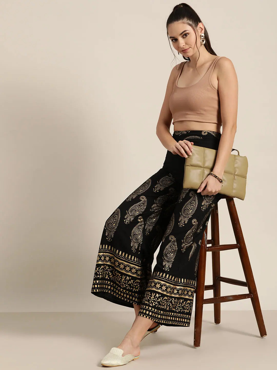 Black Paisley Flared Palazzo Pants | Women's Designer Style