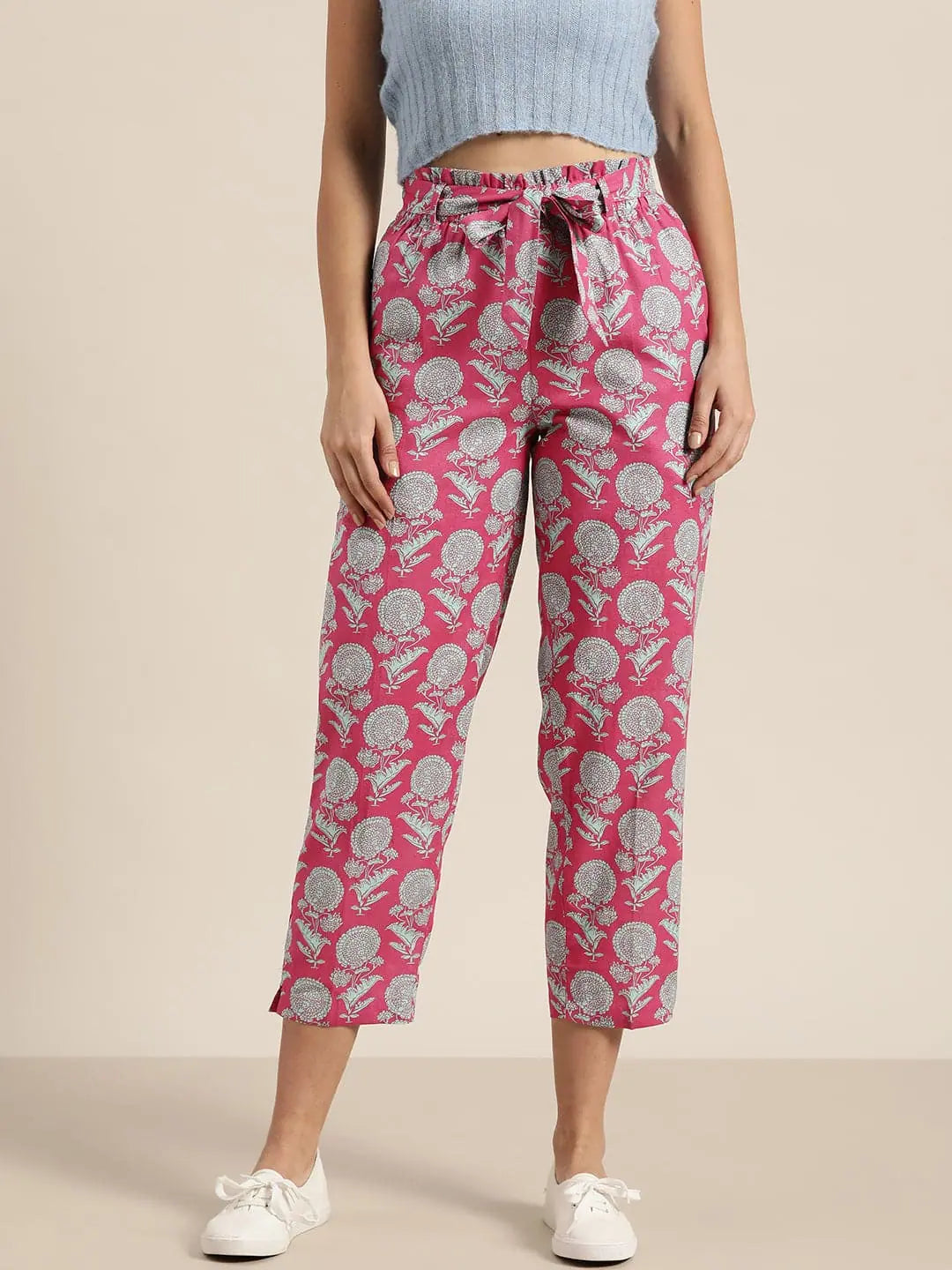 Pink Floral PaperBag Pants - Designer Ethnic Pants for Women