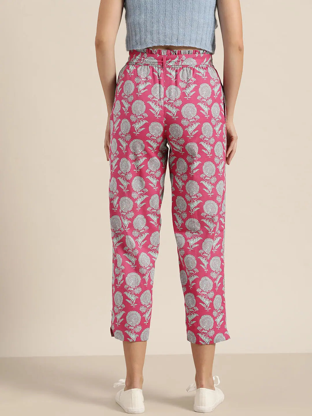 Pink Floral PaperBag Pants - Designer Ethnic Pants for Women