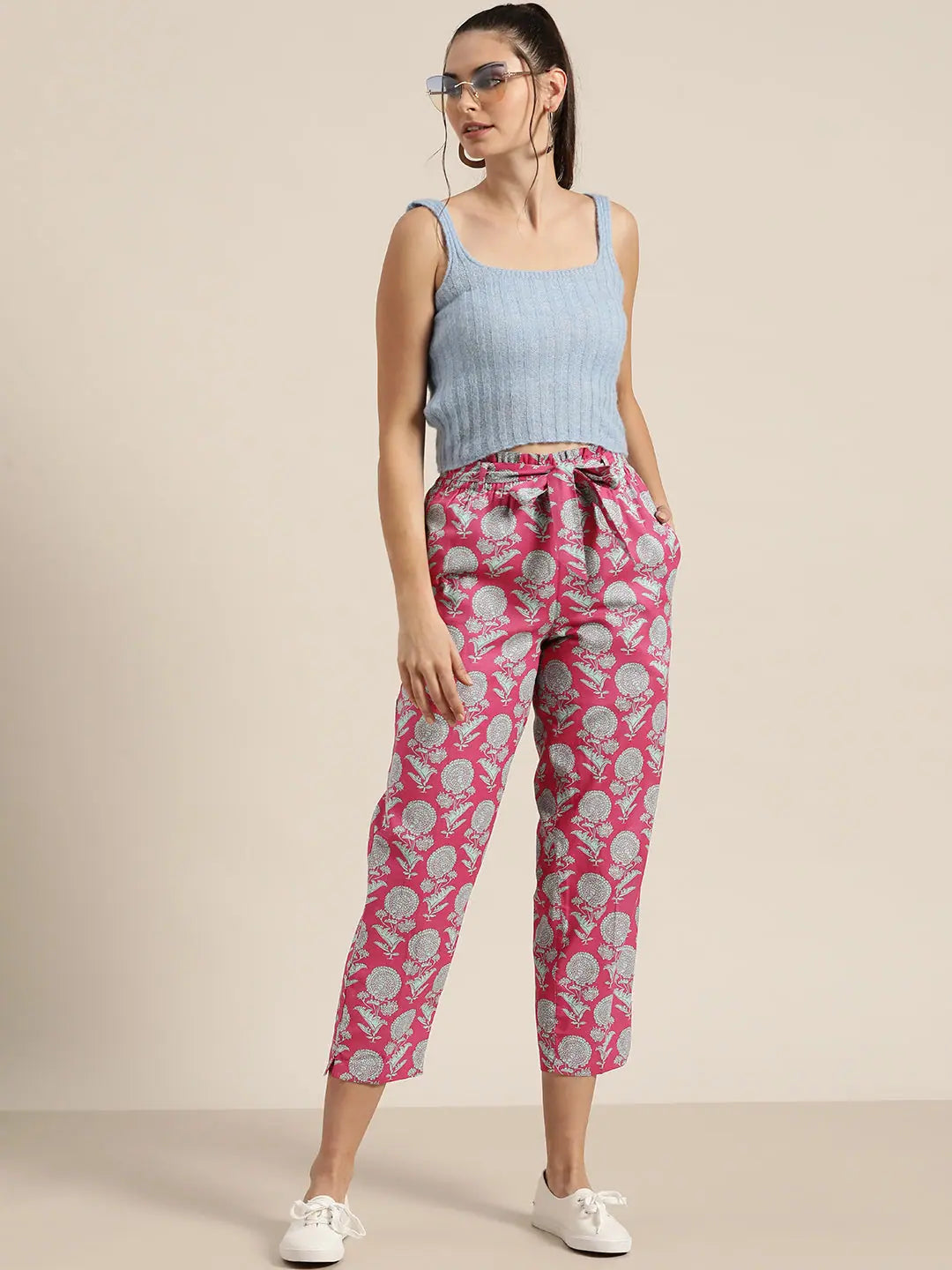 Pink Floral PaperBag Pants - Designer Ethnic Pants for Women