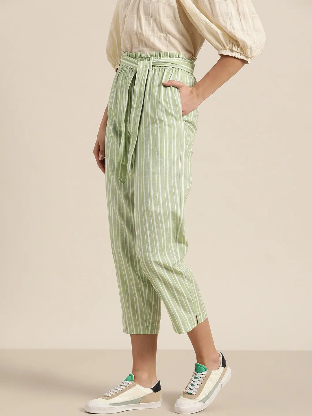 Green Stripes PaperBag Waist Pants - Designer Ethnic Pants