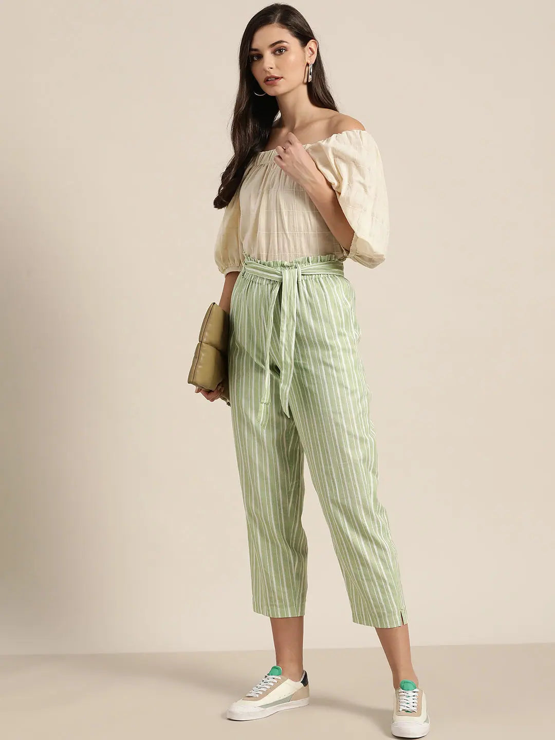 Green Stripes PaperBag Waist Pants - Designer Ethnic Pants