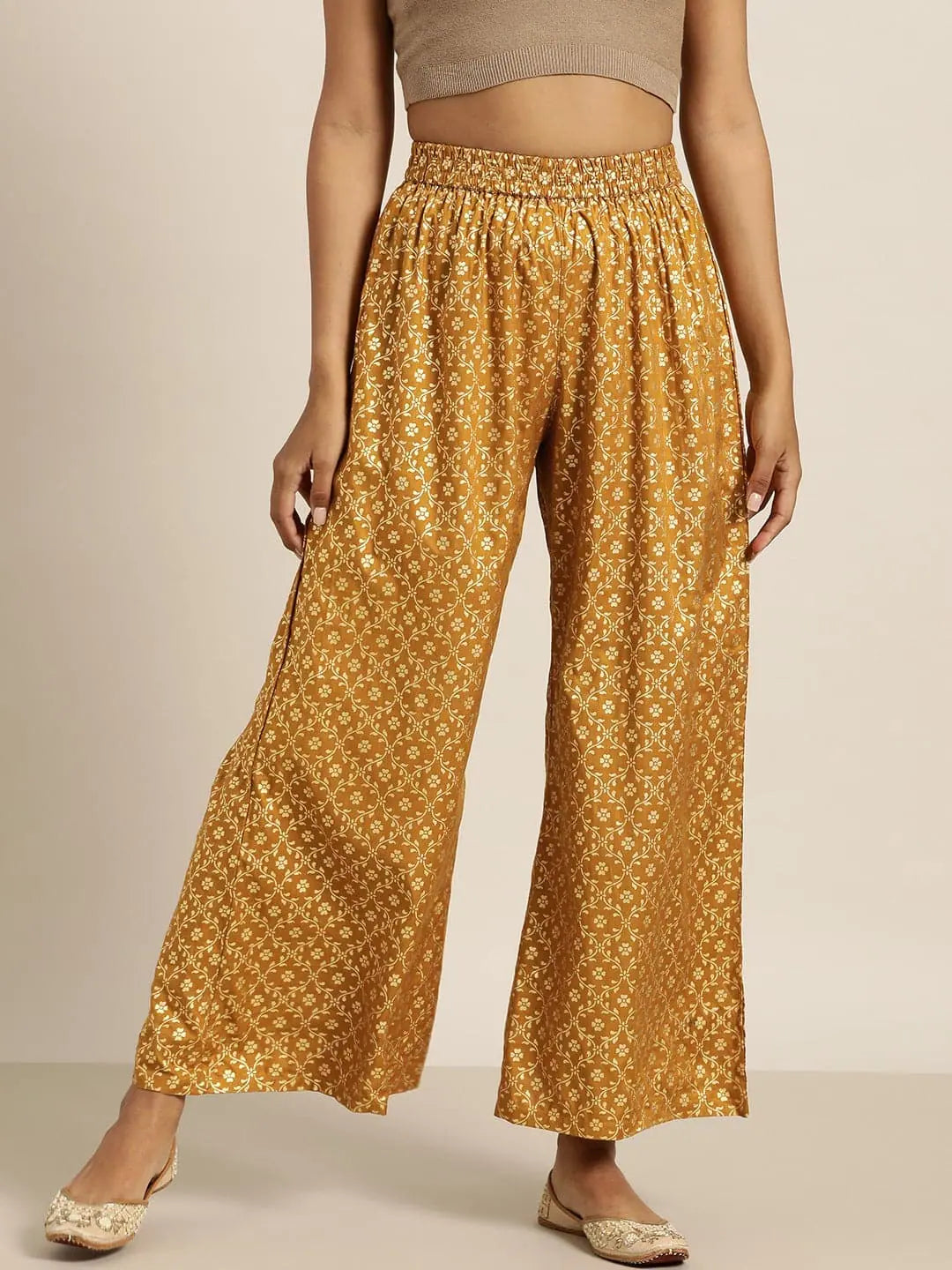 Mustard Foil Print Palazzo Pants | Designer Ethnic Pants for W...