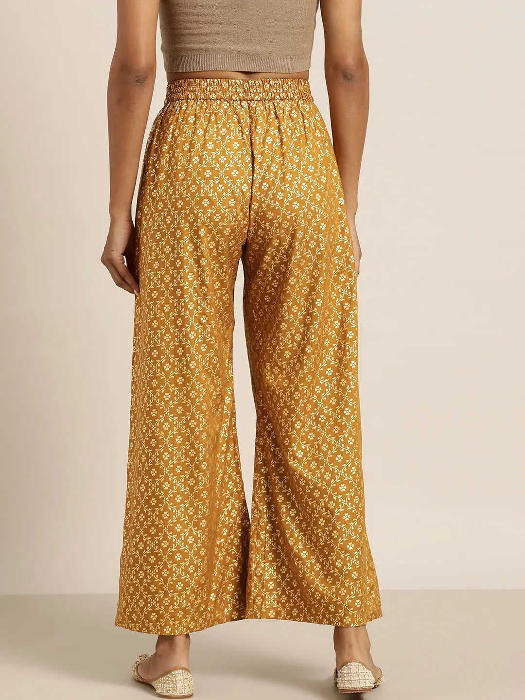 Mustard Foil Print Palazzo Pants | Designer Ethnic Pants for W...