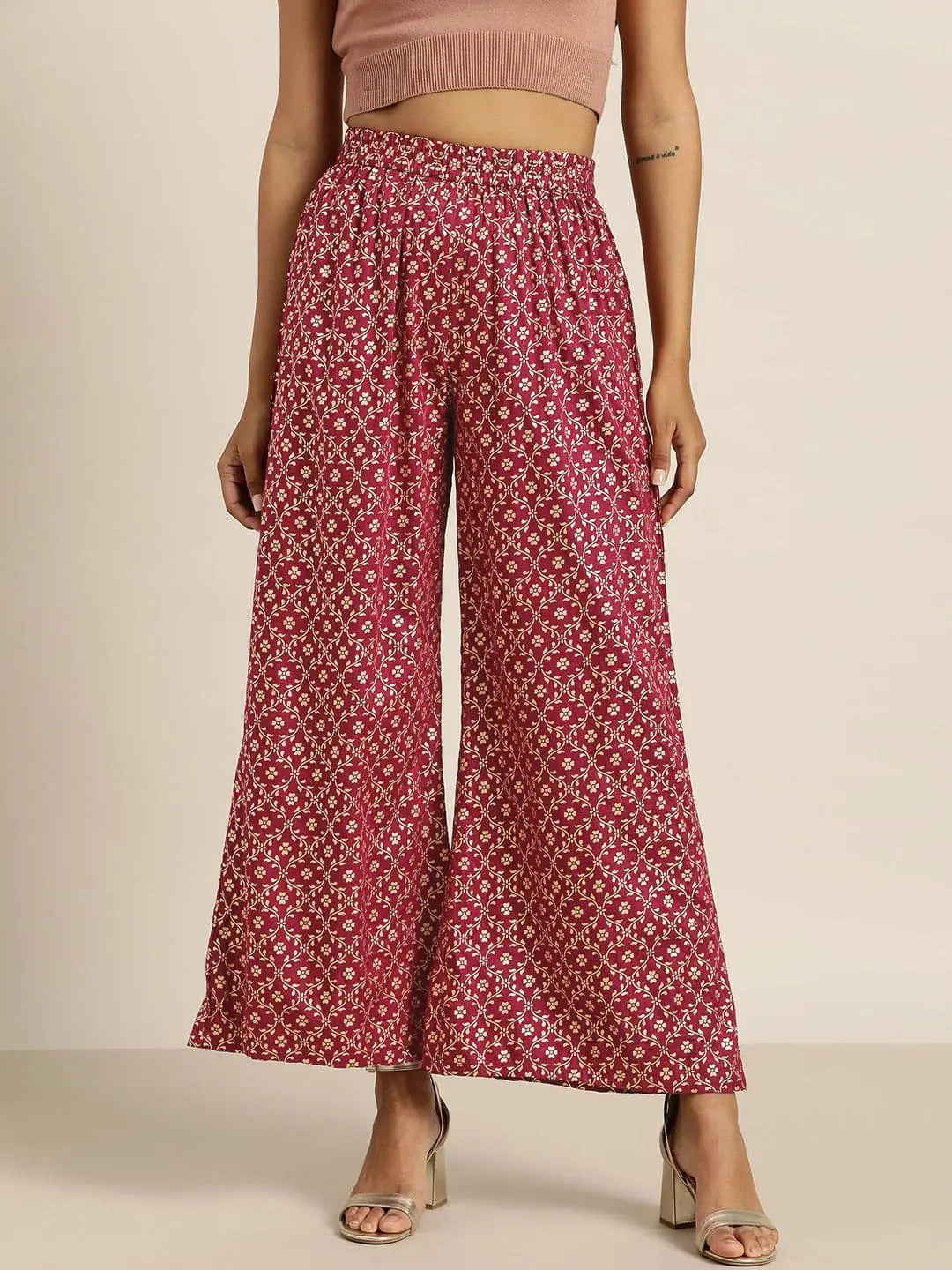 Burgundy Foil Print Liva Palazzo Pants | Ethnic Pants for Women