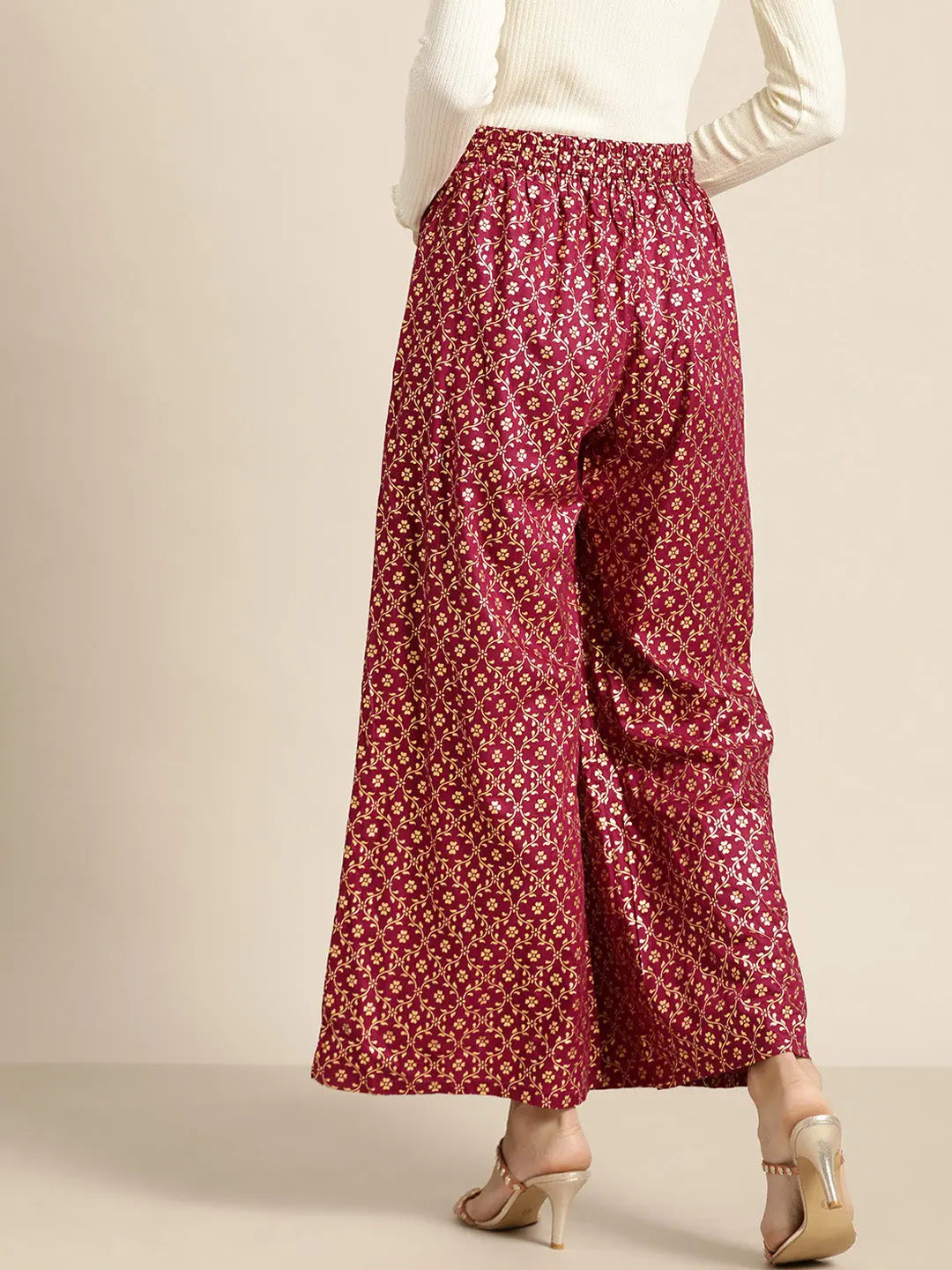 Burgundy Foil Print Liva Palazzo Pants | Ethnic Pants for Women