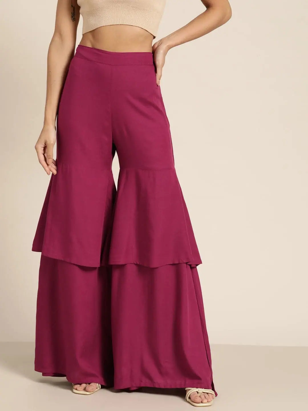 Burgundy Frilly Liva Palazzo Pants | Ethnic Pants for Women