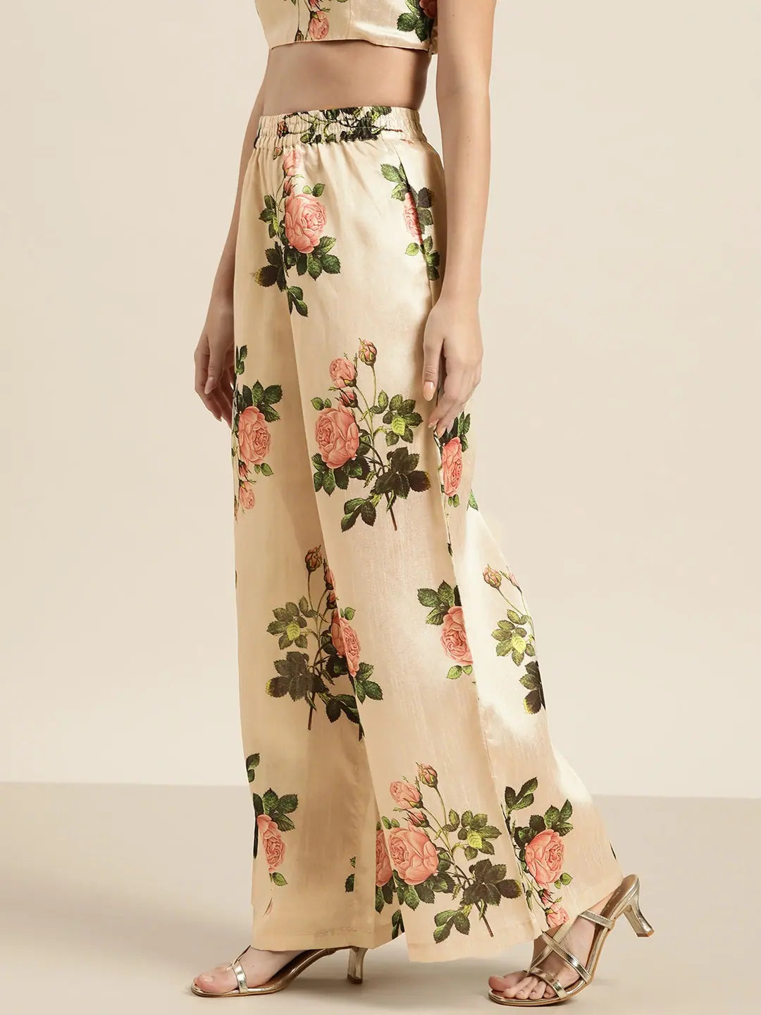 Beige Floral Palazzo Pants | High Waisted Women's Trousers