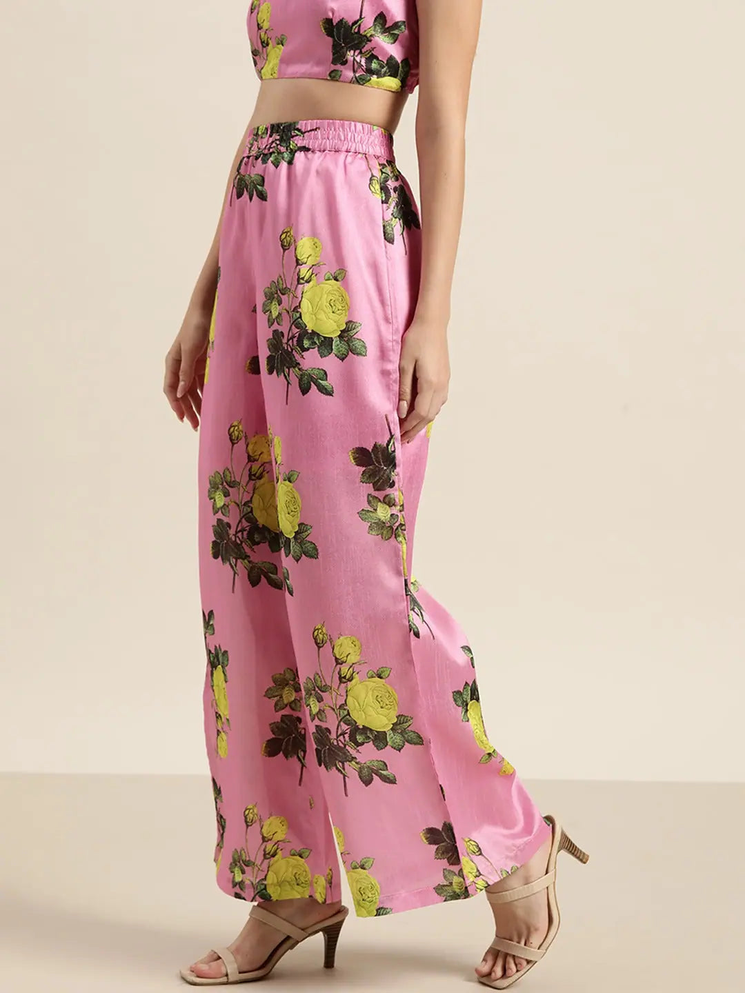 Pink Floral Polysilk Palazzo Pants for Women | Designer