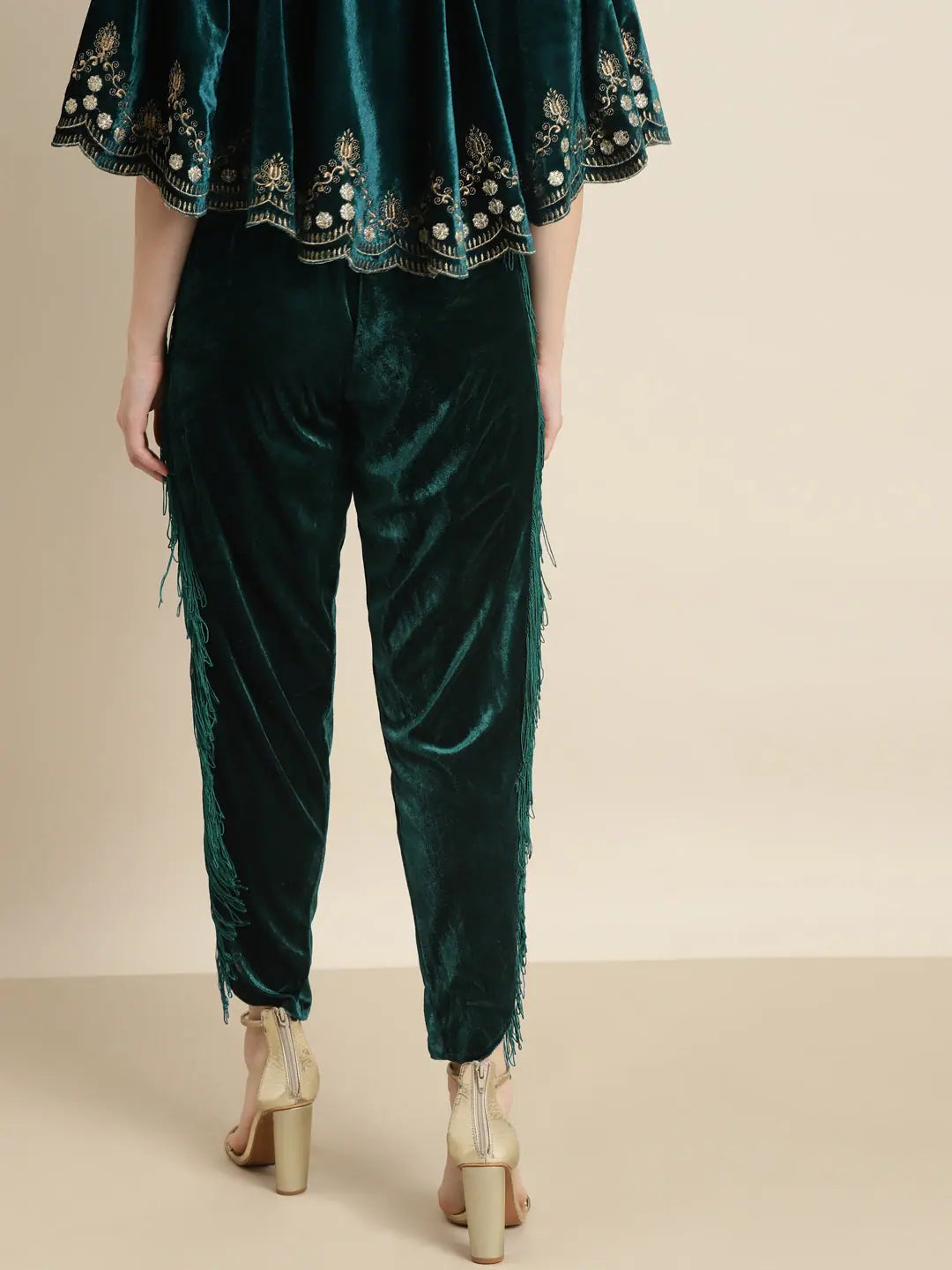 Teal Velvet Fringe Tulip Pants - Designer Ethnic Pants Women