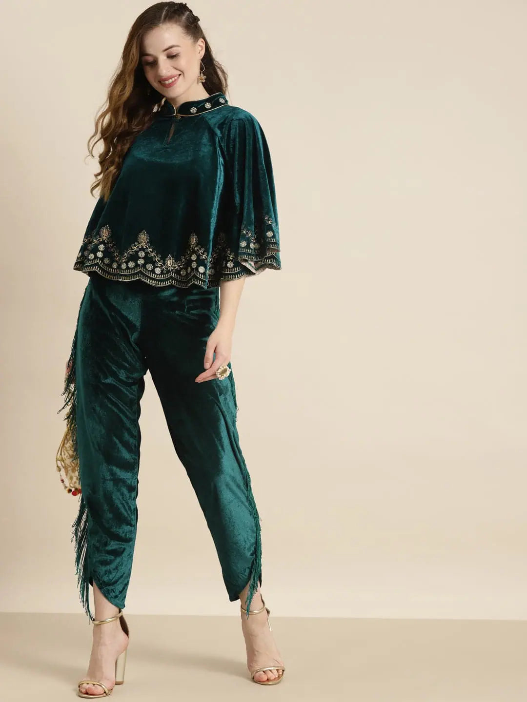 Teal Velvet Fringe Tulip Pants - Designer Ethnic Pants Women
