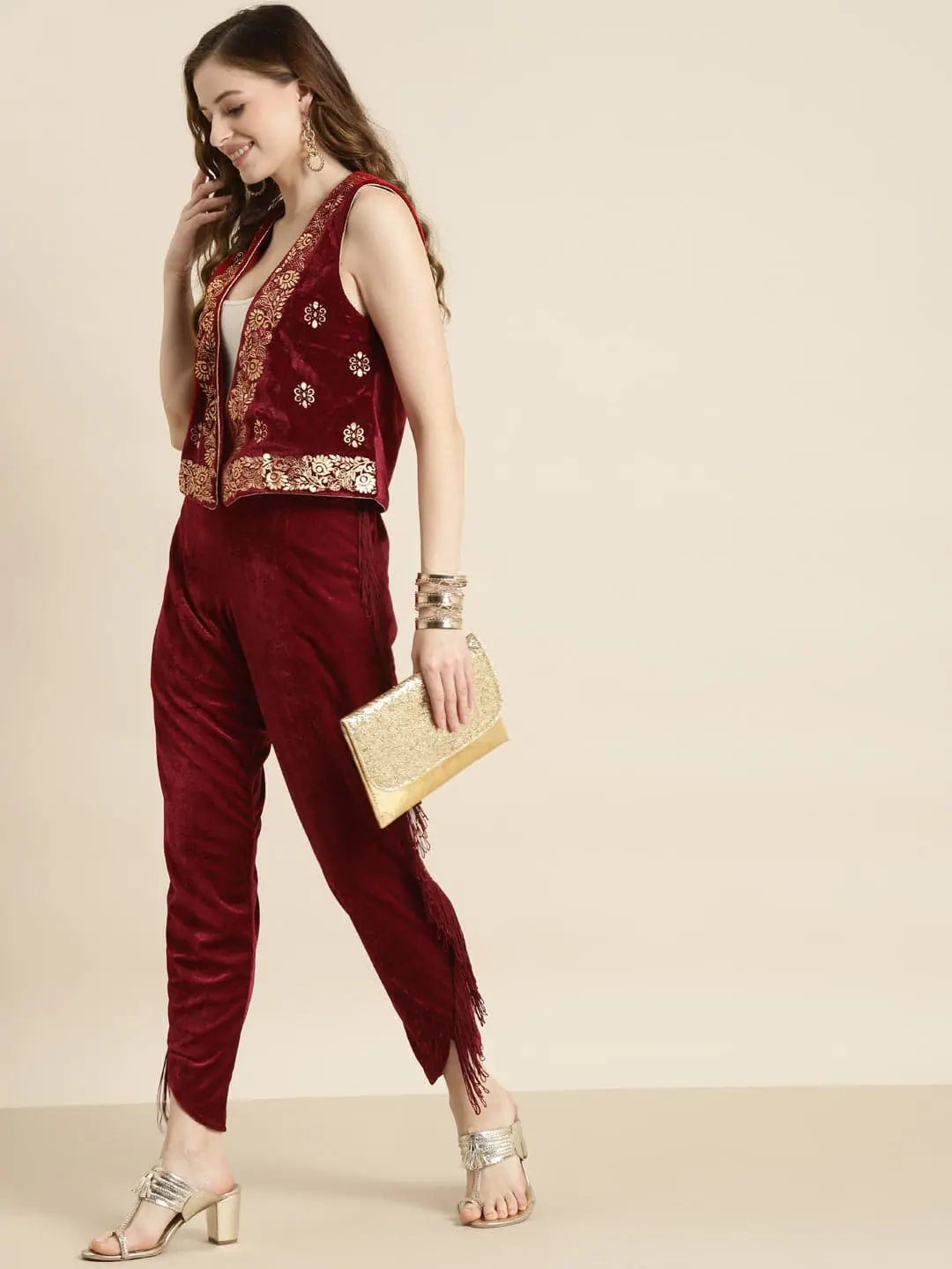 Maroon Velvet Fringe Lace Tulip Pants - Ethnic Pants for Women