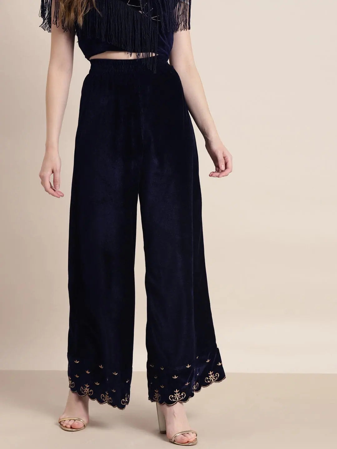 Navy Velvet Embroidered Flared Palazzo Pants for Women