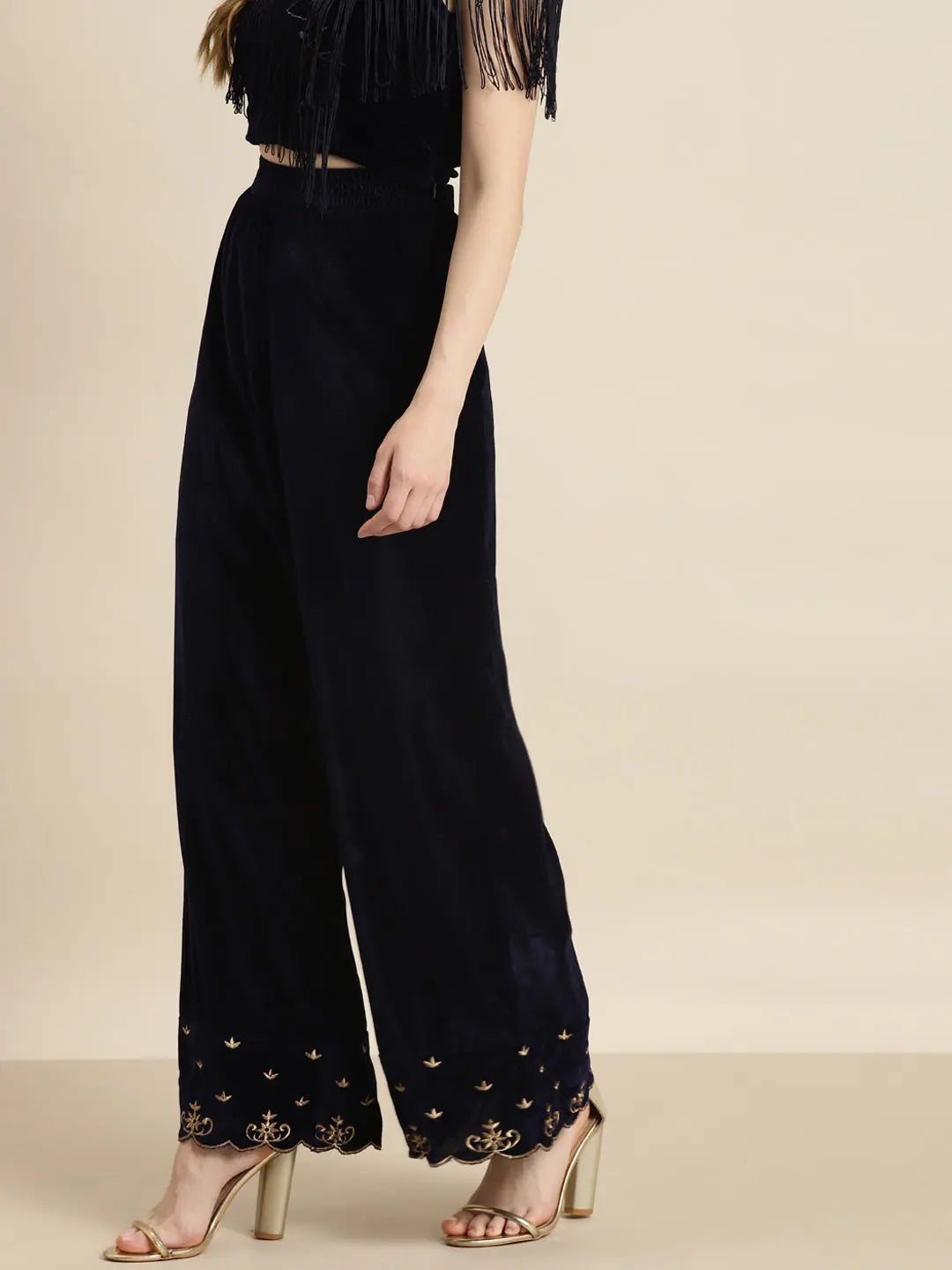 Navy Velvet Embroidered Flared Palazzo Pants for Women