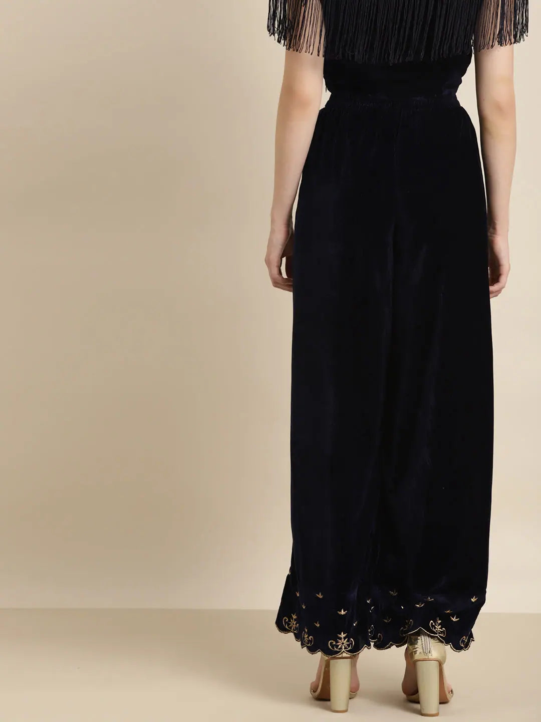 Navy Velvet Embroidered Flared Palazzo Pants for Women