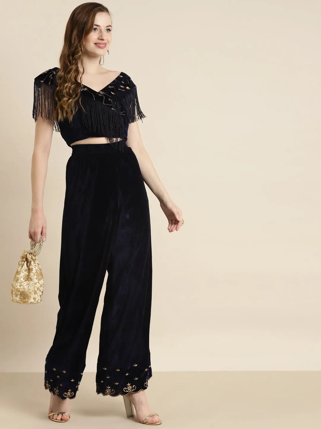 Navy Velvet Embroidered Flared Palazzo Pants for Women