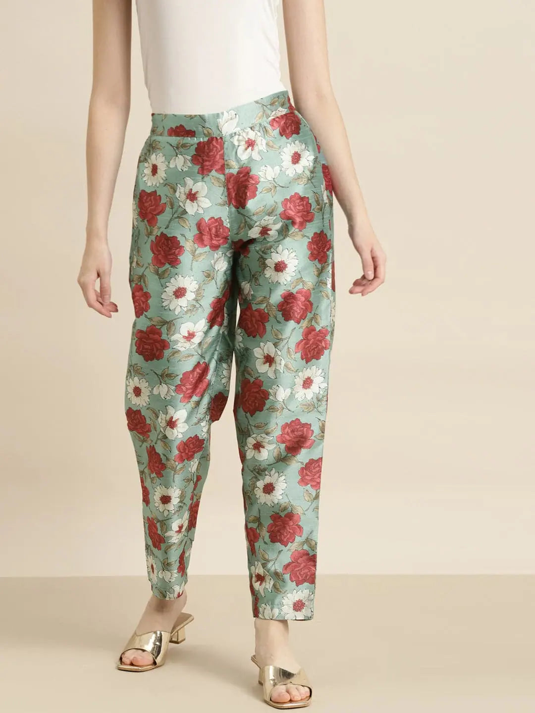 Sea Green Floral Pencil Pants - Designer Ethnic Pants for Women