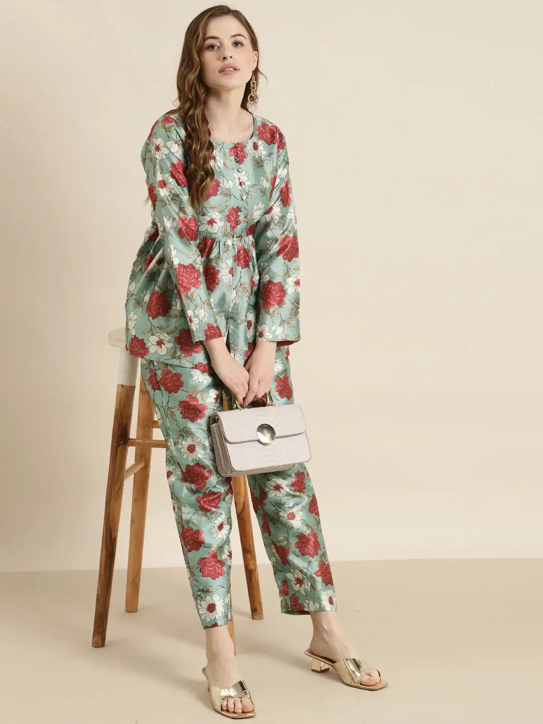 Sea Green Floral Pencil Pants - Designer Ethnic Pants for Women