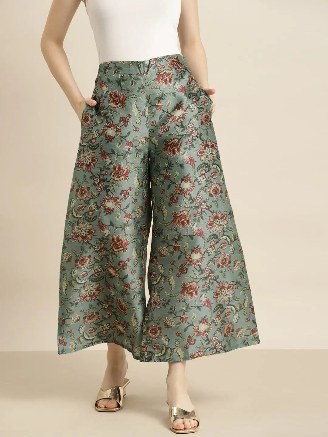 Olive Floral Palazzo Pants for Women | High Waisted Trousers