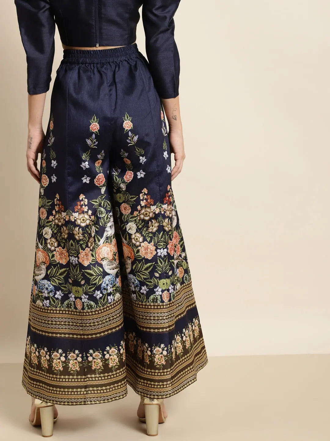 Navy Floral Palazzo Pants for Women | Wide Leg Palazzo Trousers