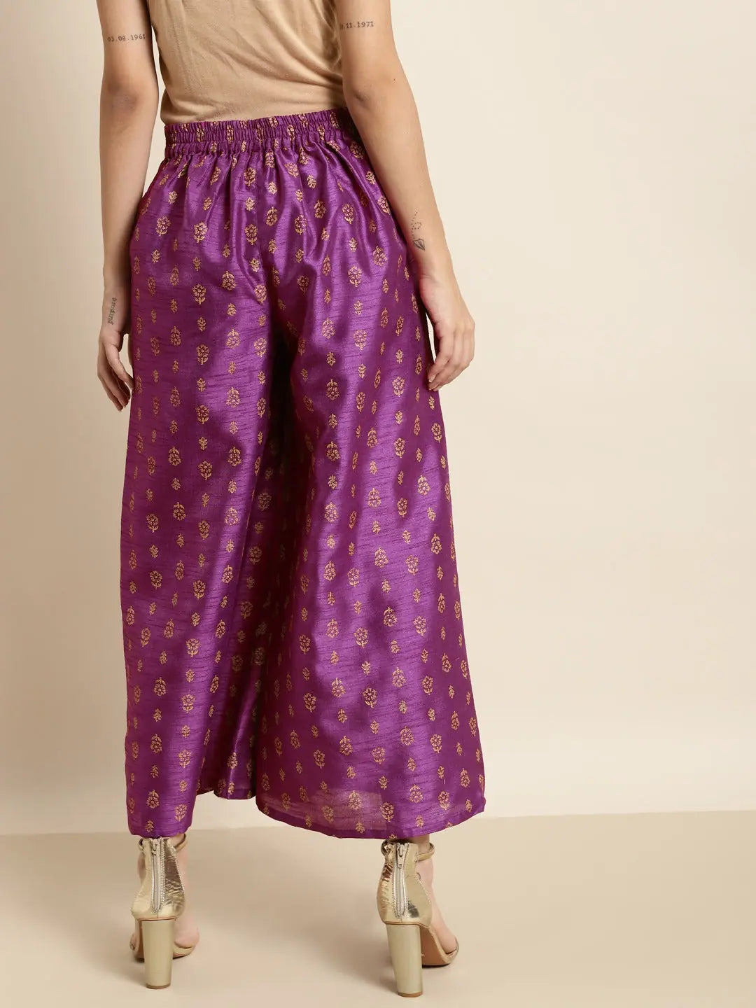 Purple Foil Floral Palazzo Pants for Women | Designer Trousers