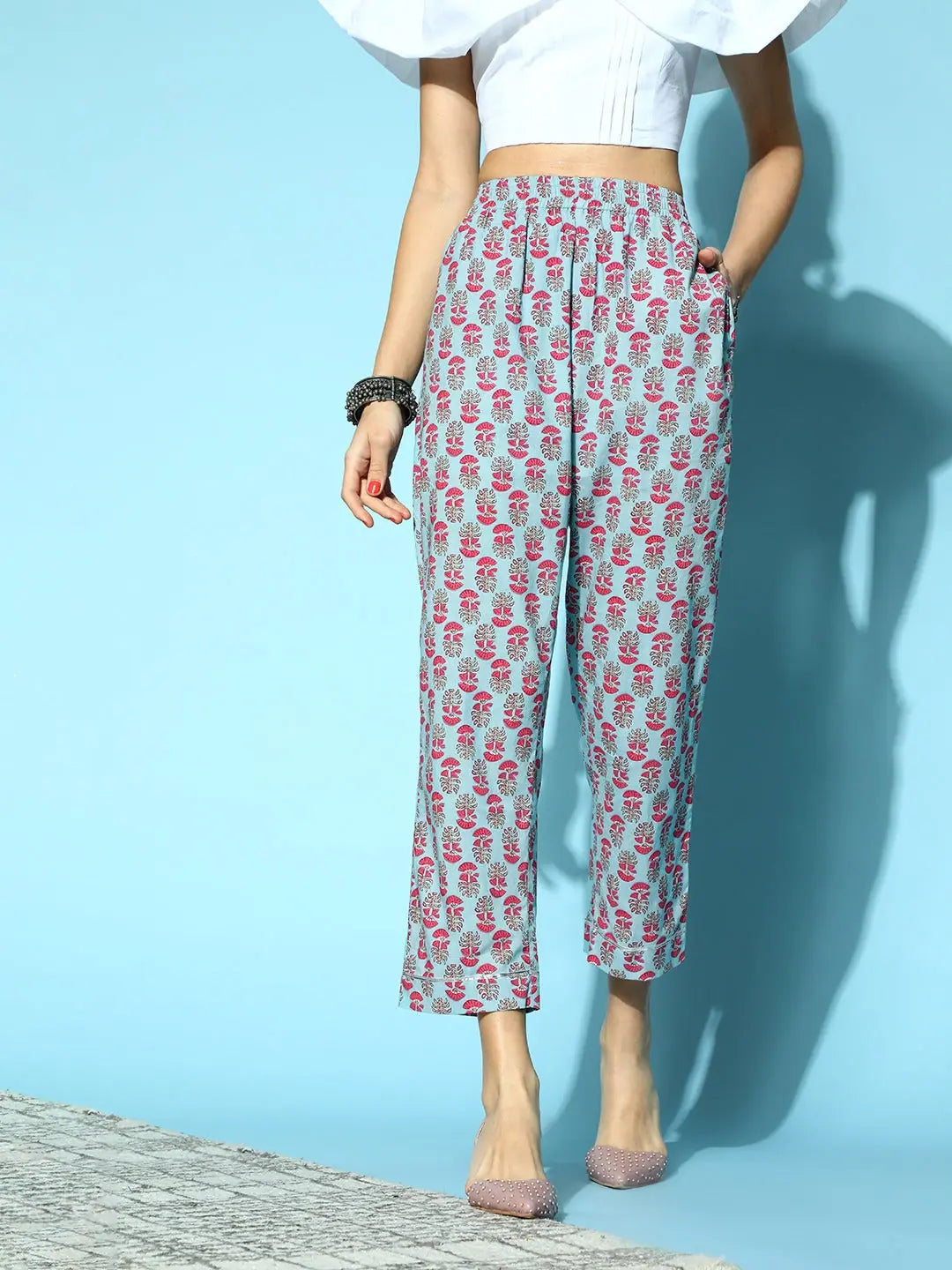Sky Blue Booti Floral Tapered Pants | Ethnic Pants for Women
