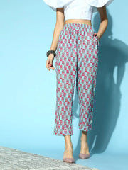 Women Sky Blue Booti Floral Tapered Pants