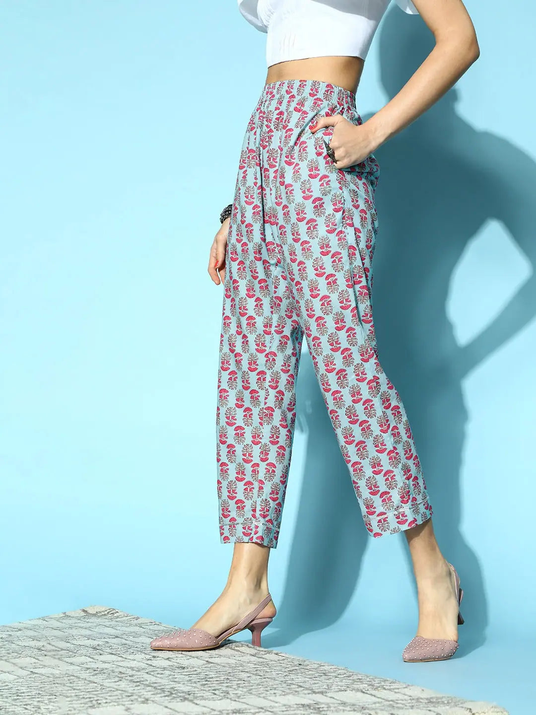Sky Blue Booti Floral Tapered Pants | Ethnic Pants for Women