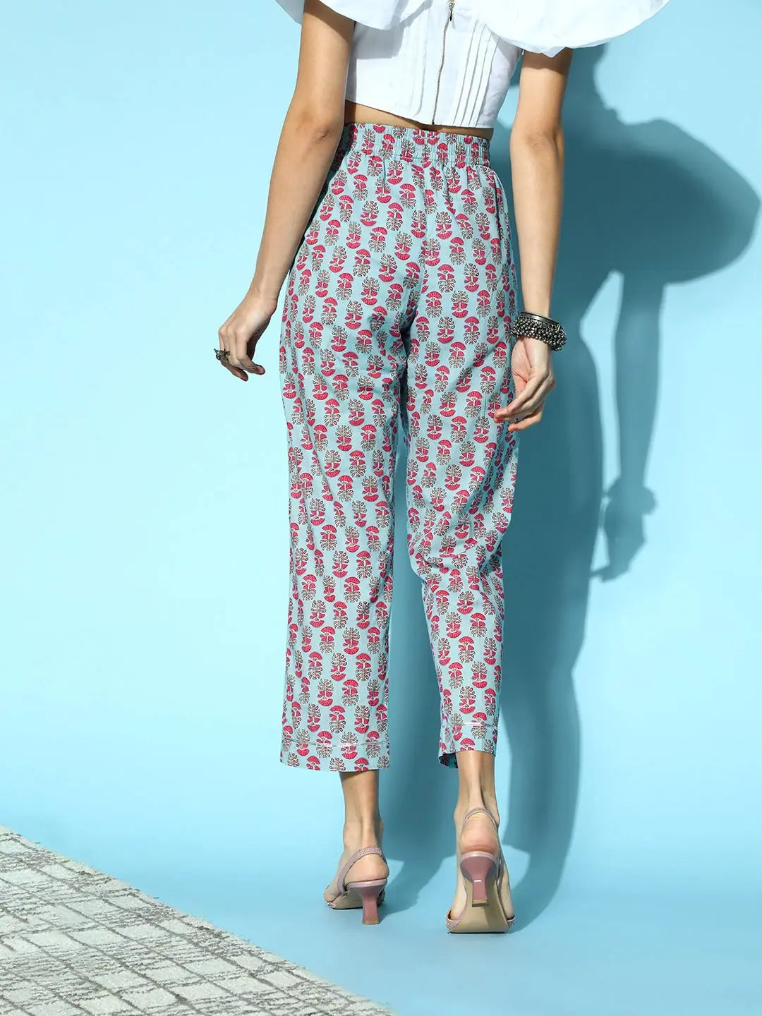Sky Blue Booti Floral Tapered Pants | Ethnic Pants for Women
