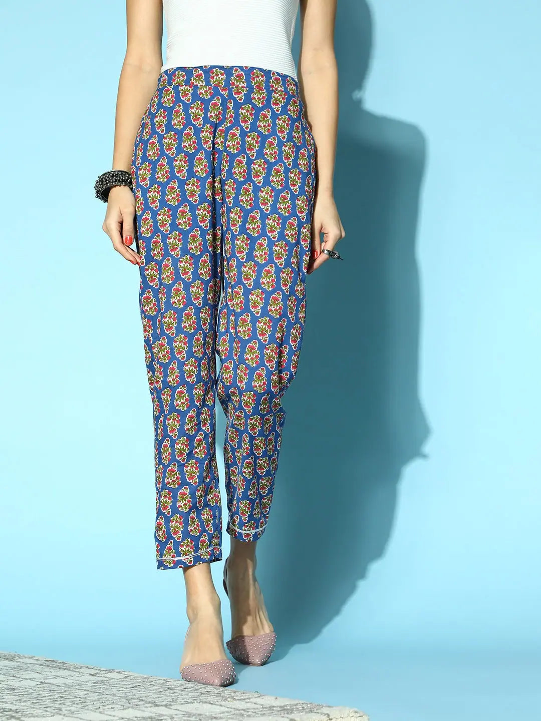 Navy Booti Floral Pencil Pants | Designer Ethnic Pants