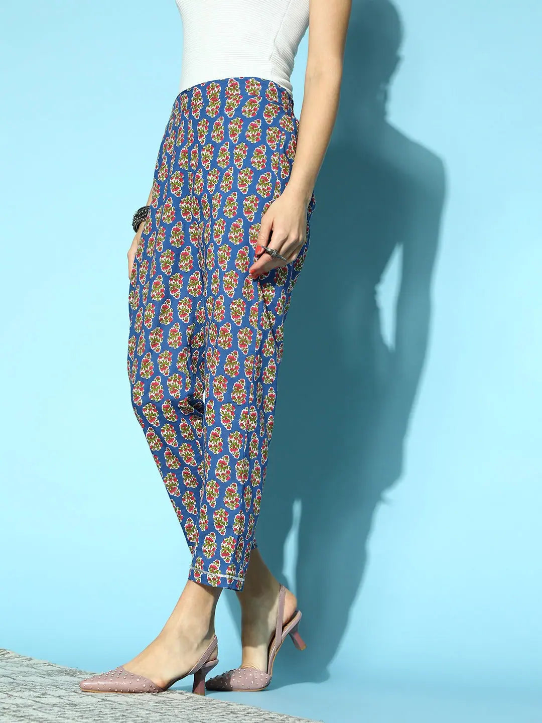Navy Booti Floral Pencil Pants | Designer Ethnic Pants