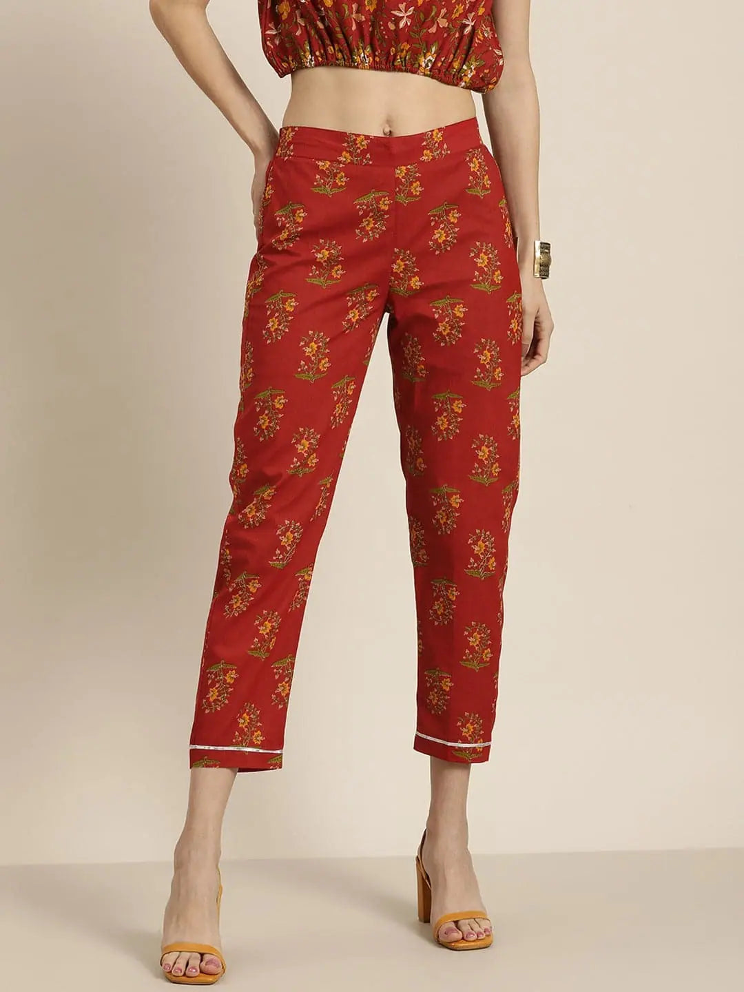 Rust Floral Pencil Pants | Designer Ethnic Pants for Women