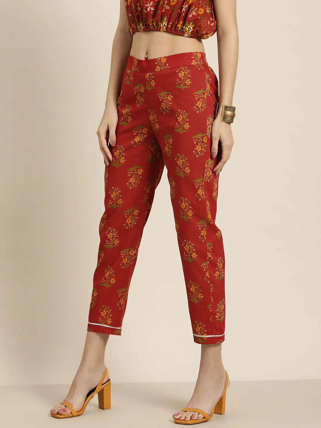 Rust Floral Pencil Pants | Designer Ethnic Pants for Women