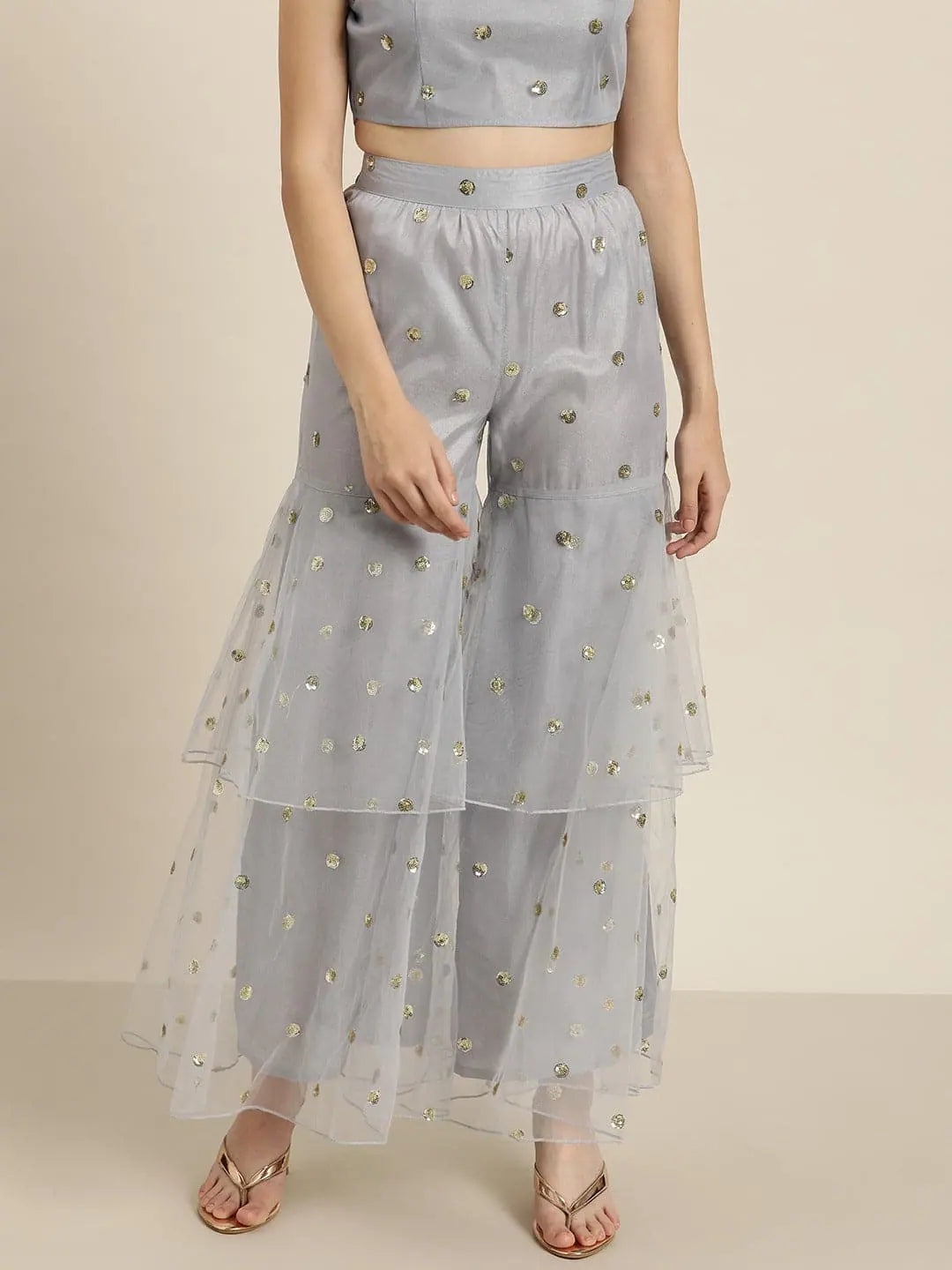 Steel Grey Tulle Frilly Sharara Pants | Designer Ethnic Pants