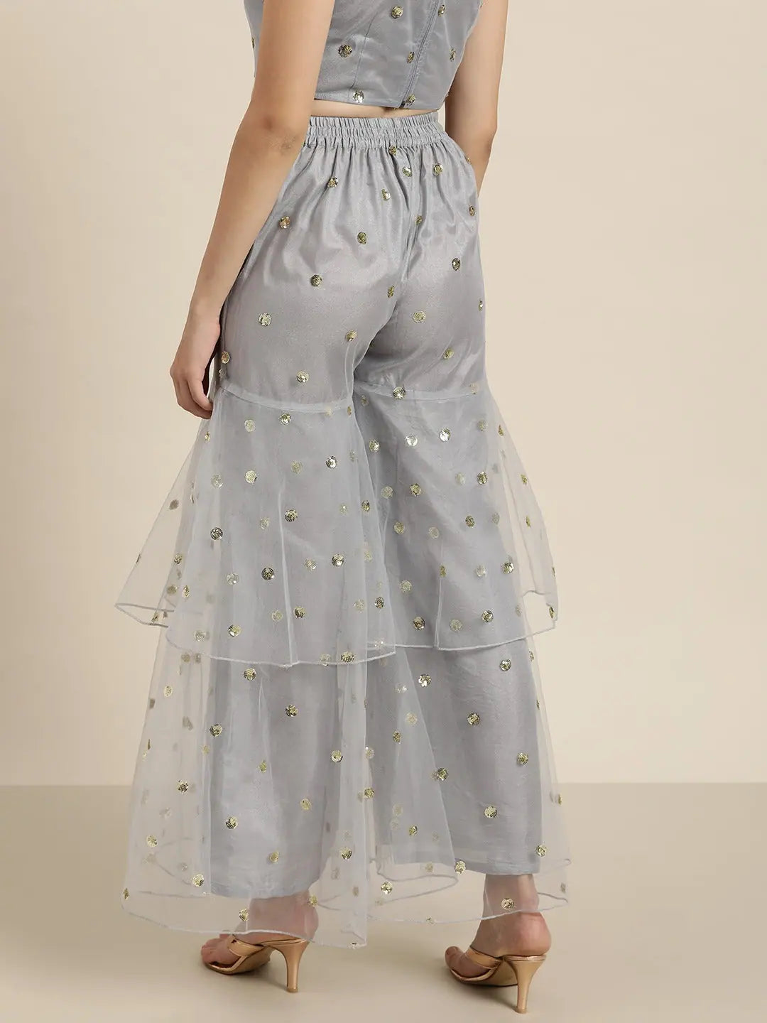 Steel Grey Tulle Frilly Sharara Pants | Designer Ethnic Pants
