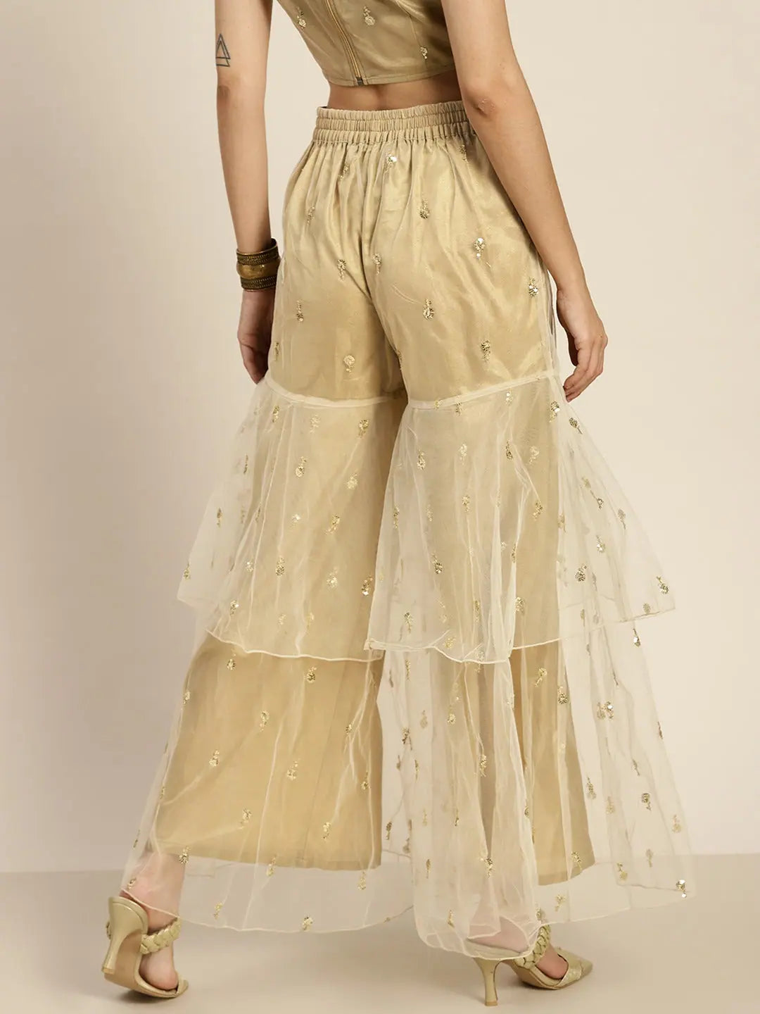 Golden Tulle Frilly Sharara Pants - Women's Palazzo Pants