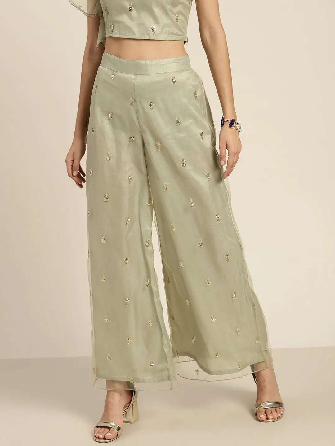 Olive Tulle Sequins Flared Pants - Women's Palazzo Pants