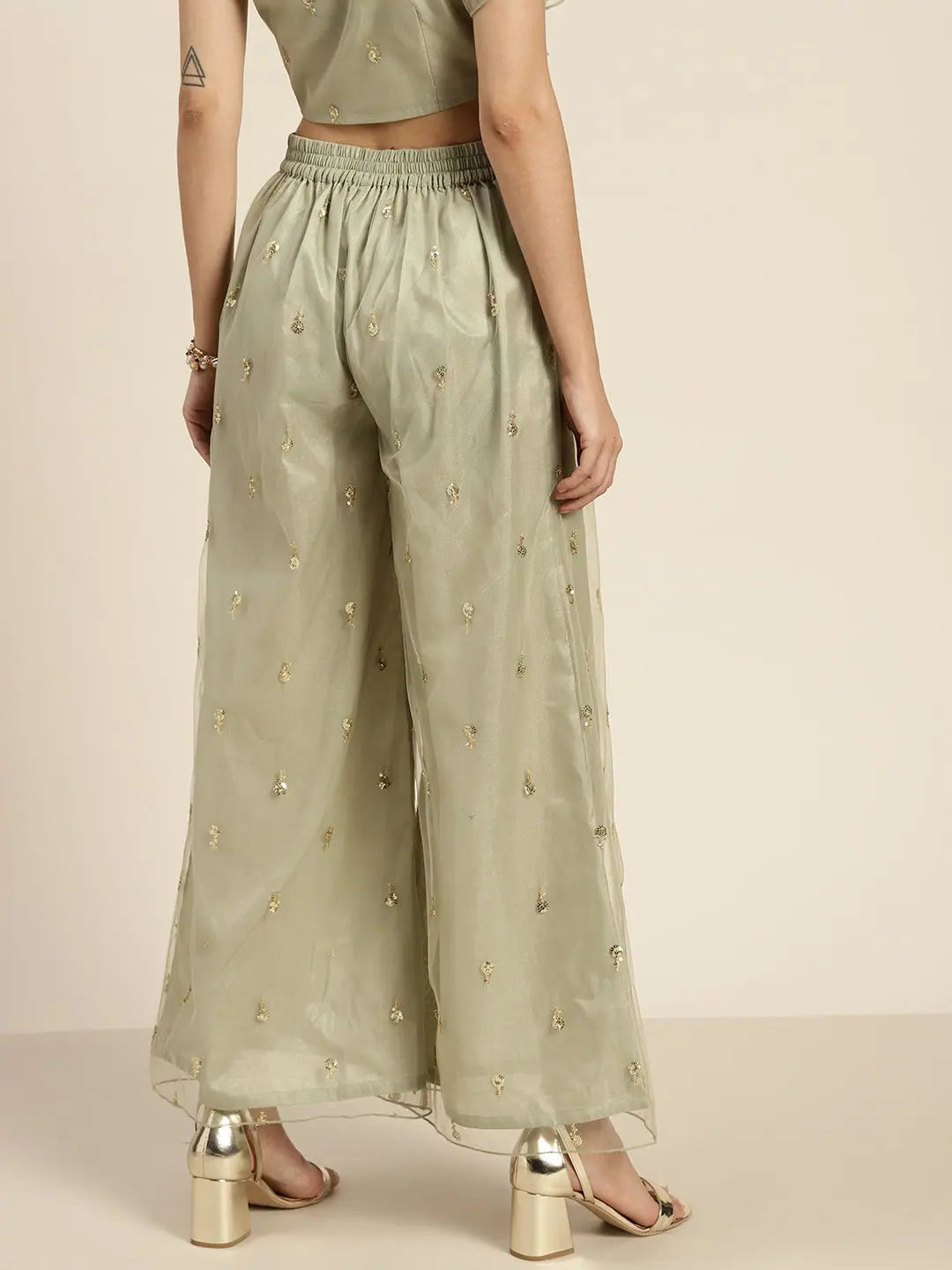 Olive Tulle Sequins Flared Pants - Women's Palazzo Pants