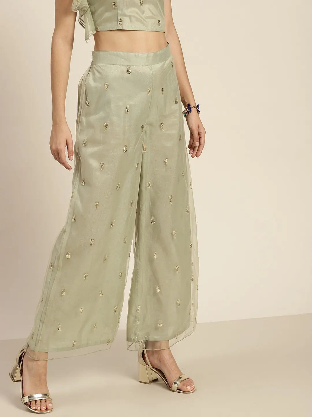 Olive Tulle Sequins Flared Pants - Women's Palazzo Pants