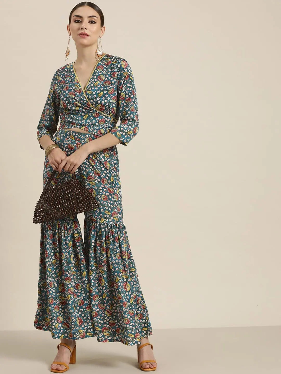 Teal Floral Gathered Sharara Pants | Ethnic Palazzo Pants