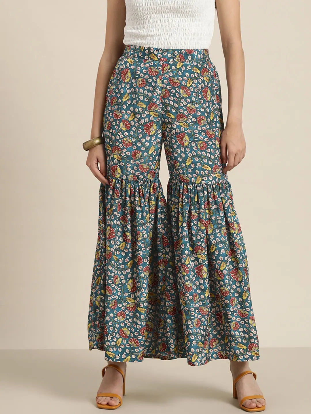 Teal Floral Gathered Sharara Pants | Ethnic Palazzo Pants