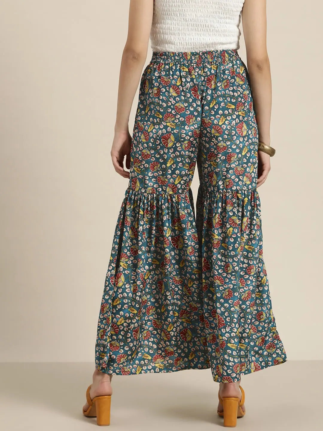 Teal Floral Gathered Sharara Pants | Ethnic Palazzo Pants